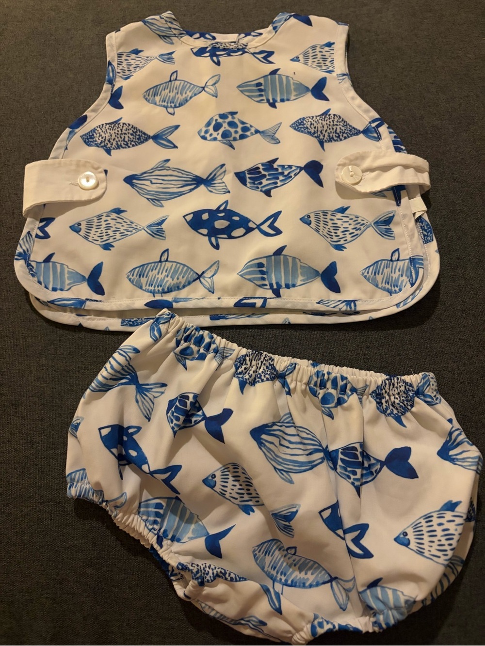 Cecil and Lou Blue Fish Print Kids Top & Bloomers Set